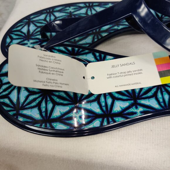 All for Color Jelly Sandals T strap Summer Blue Geometric Print Insole New Sz 8 - Picture 3 of 5